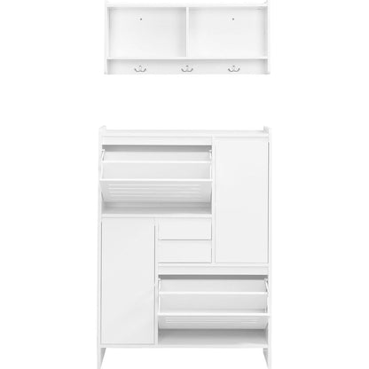 Multi-Functional Shoe Cabinet with Wall Cabinet, Space-saving Design Foyer Cabinet with 2 Flip Drawers, Versatile Side Cabinet for Hallway, White