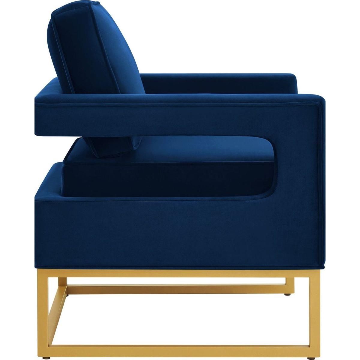 Modern Style Accent Chair with Gold Metal Base, Velvet Upholstered Leisure Chair with Open Armrest, Armchair, Navy