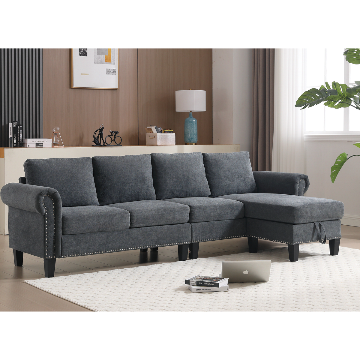 Convertible Sectional Sofa with Storage,L-shaped sofa,Four-seater sofa,Modern Linen Fabric Sectional Couches for Living Room,Gray
