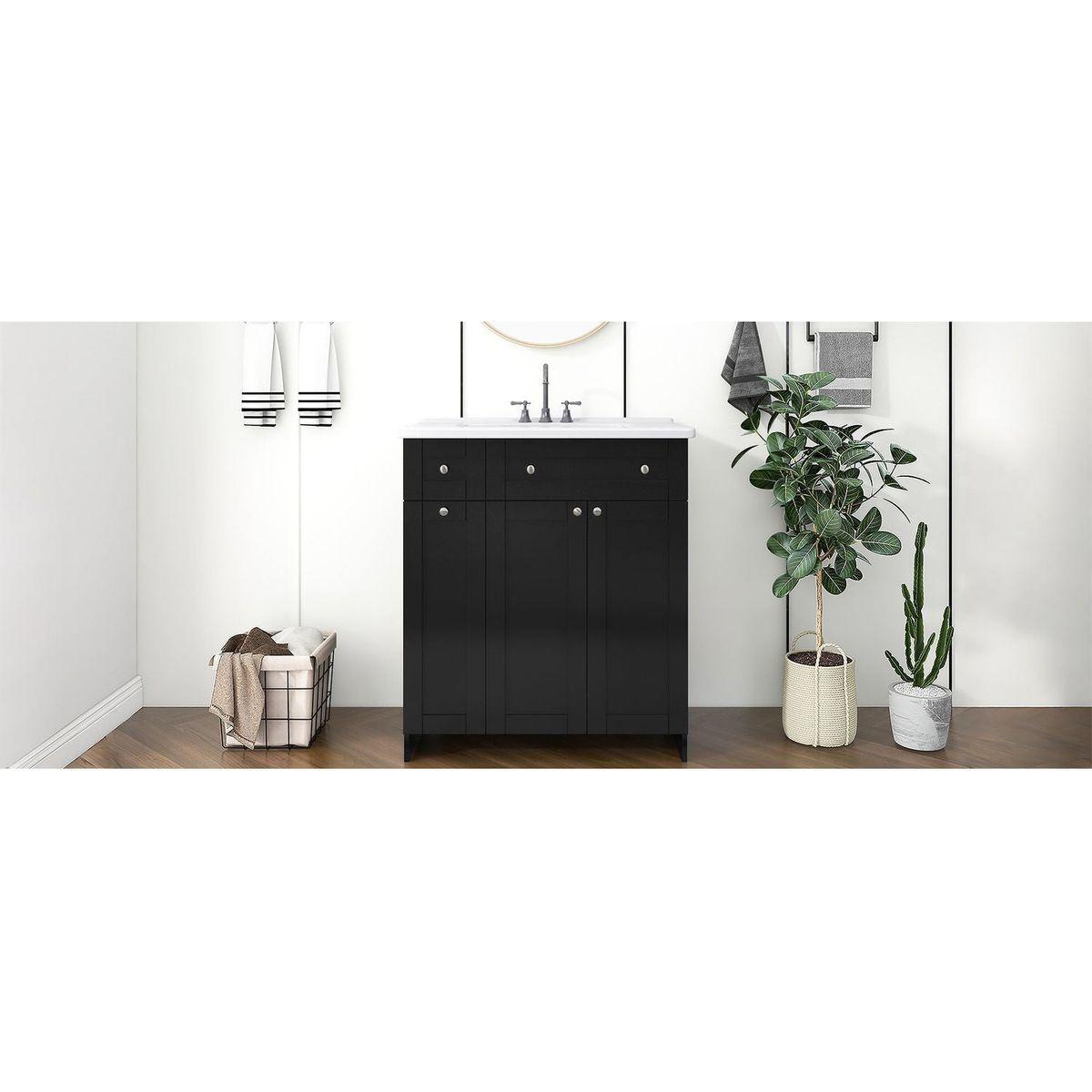 30-Inch Black Bathroom Vanity with Ceramic Sink Combo, Abundant Storage Cabinet - 2 Soft-close Doors and Double-tier Deep Drawer