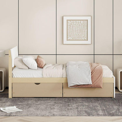 Modern Twin Bed Frame With 2 Drawers For White High Gloss Headboard and Footboard With Light Oak Color
