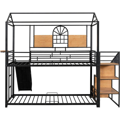 Twin Over Twin Metal Bunk Bed, Metal Housebed with Slide and Storage Stair, Black with Black Slide