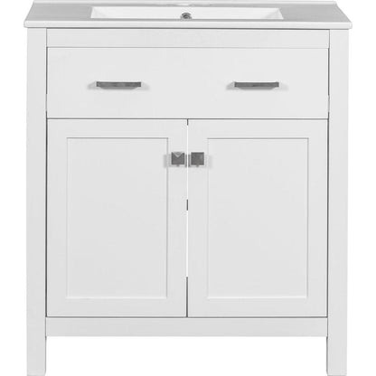 30-inch Bathroom Vanity with Ceramic Sink, Modern White Single Bathroom Cabinet with 2 Doors and a Shelf, Soft Close Doors