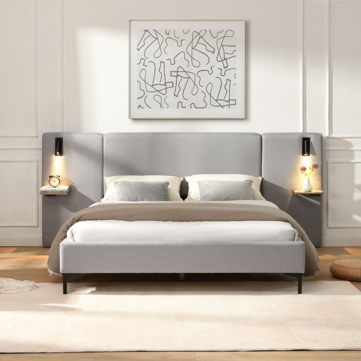 Chic Linen Upholstered Bed with Integrated Lights and Shelves, Grey, Queen