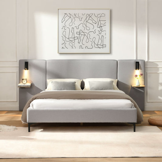 Chic Linen Upholstered Bed with Integrated Lights and Shelves, Grey, Queen