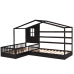 Wood House Bed Twin Size, 2 Twin Solid Bed L structure with fence and slatted frame, Espresso