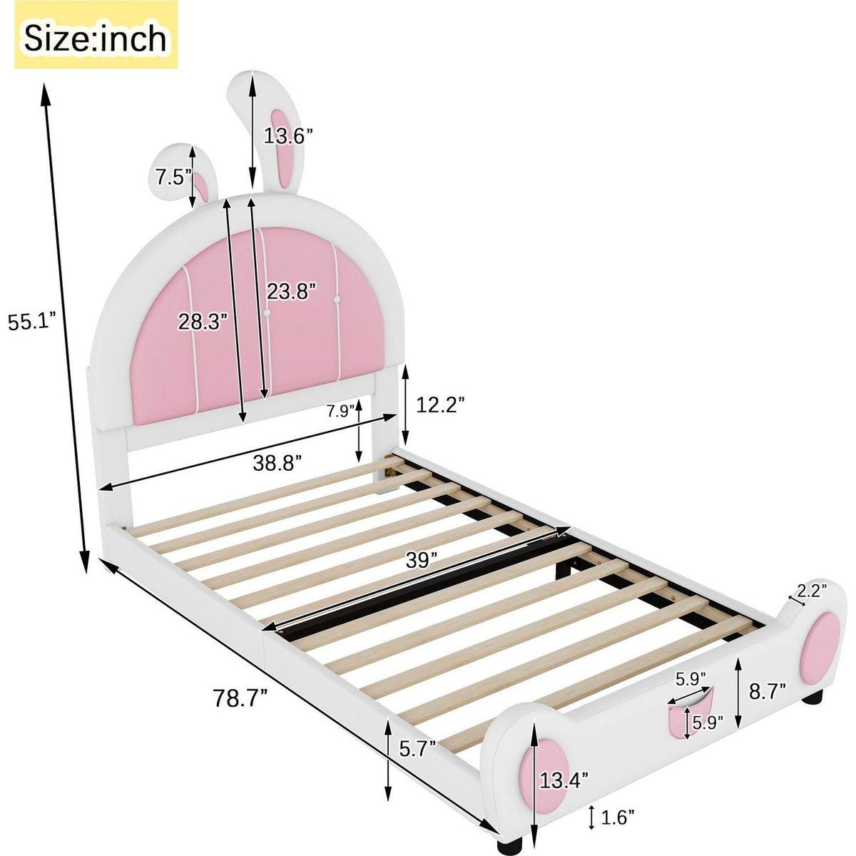 Twin Size Upholstered Platform Bed with Rabbit Shaped Headboard, White