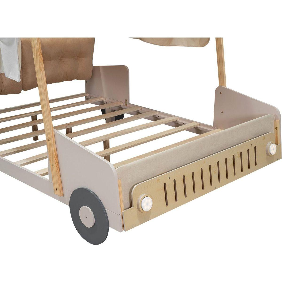 Wood Full Size Car Bed with Pillow, Ceiling Cloth and LED, Natural