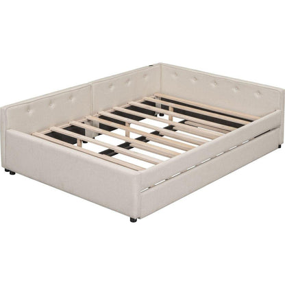 Full Size Upholstered Platform Bed with USB and Twin Size Trundle, Beige