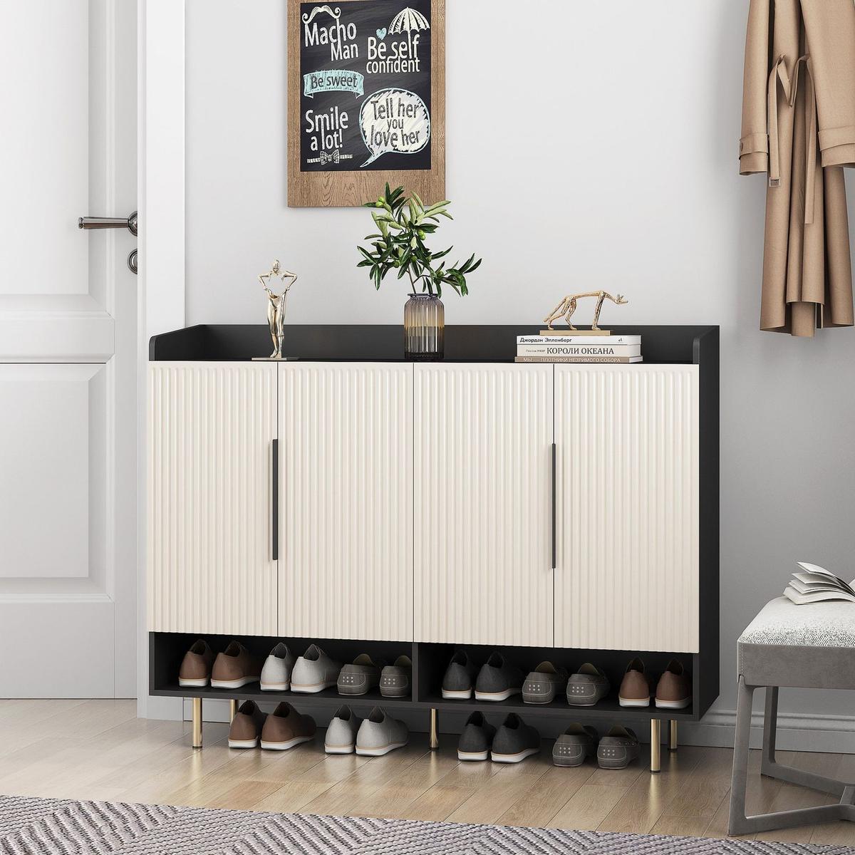 Shoe Cabinet with 4 Doors Large Modern Shoe Storage Organizer Cabinet with Adjustable Shelves for Entryway Black Shoe Rack Cabinet for Living room, bedroom