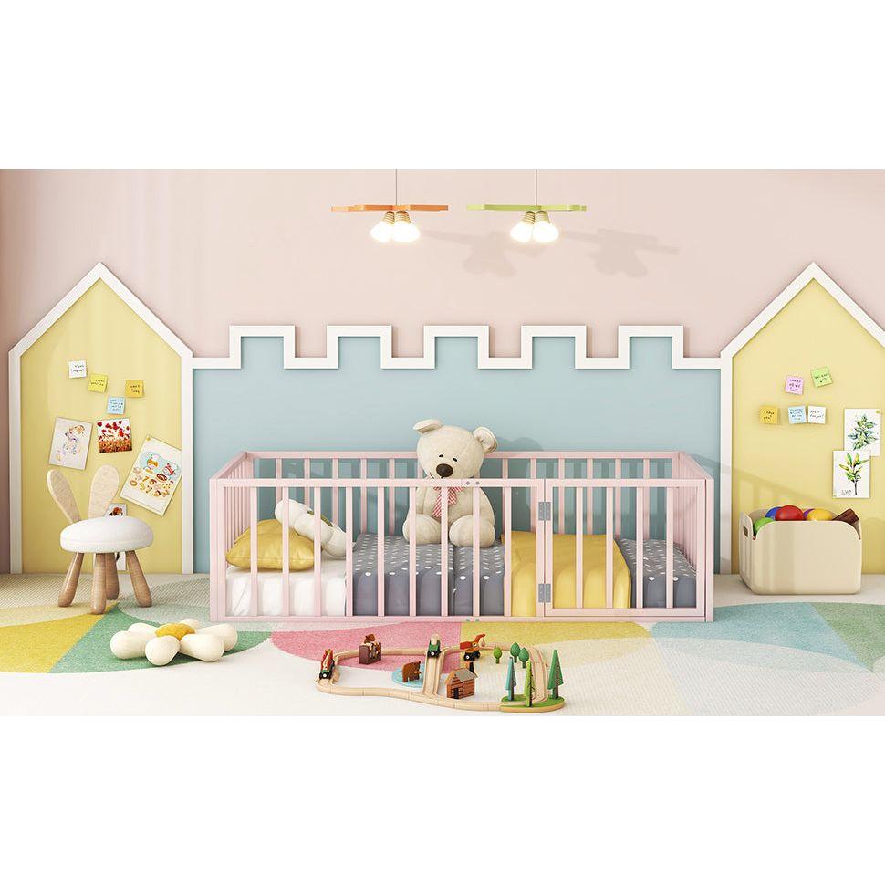Twin Size Metal Floor Bed Frame with Fence and Door, Pink