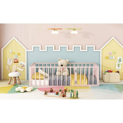 Twin Size Metal Floor Bed Frame with Fence and Door, Pink