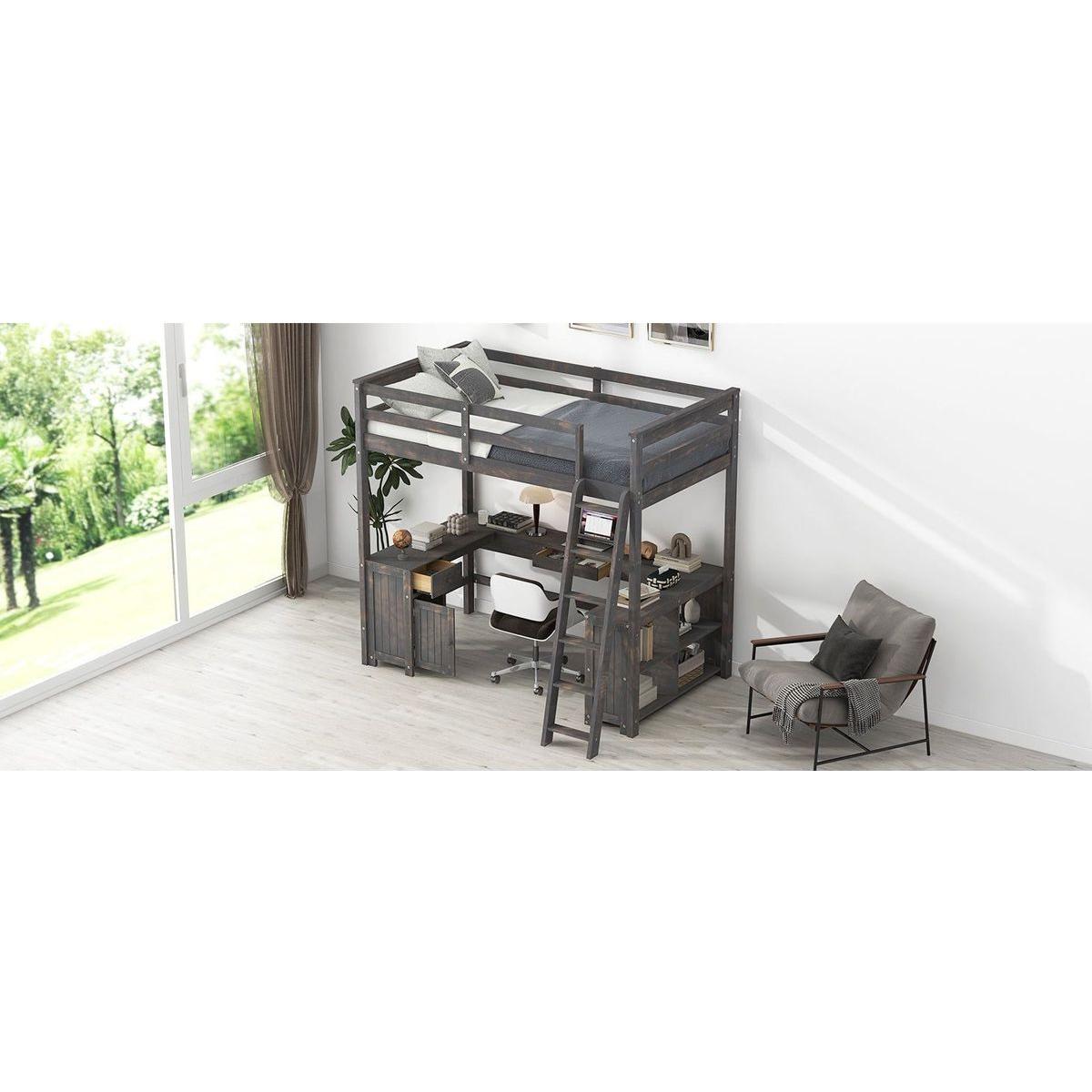 Full Size Loft Bed with U-shaped Desk, Drawers and Storage Shelves, Antique Brown