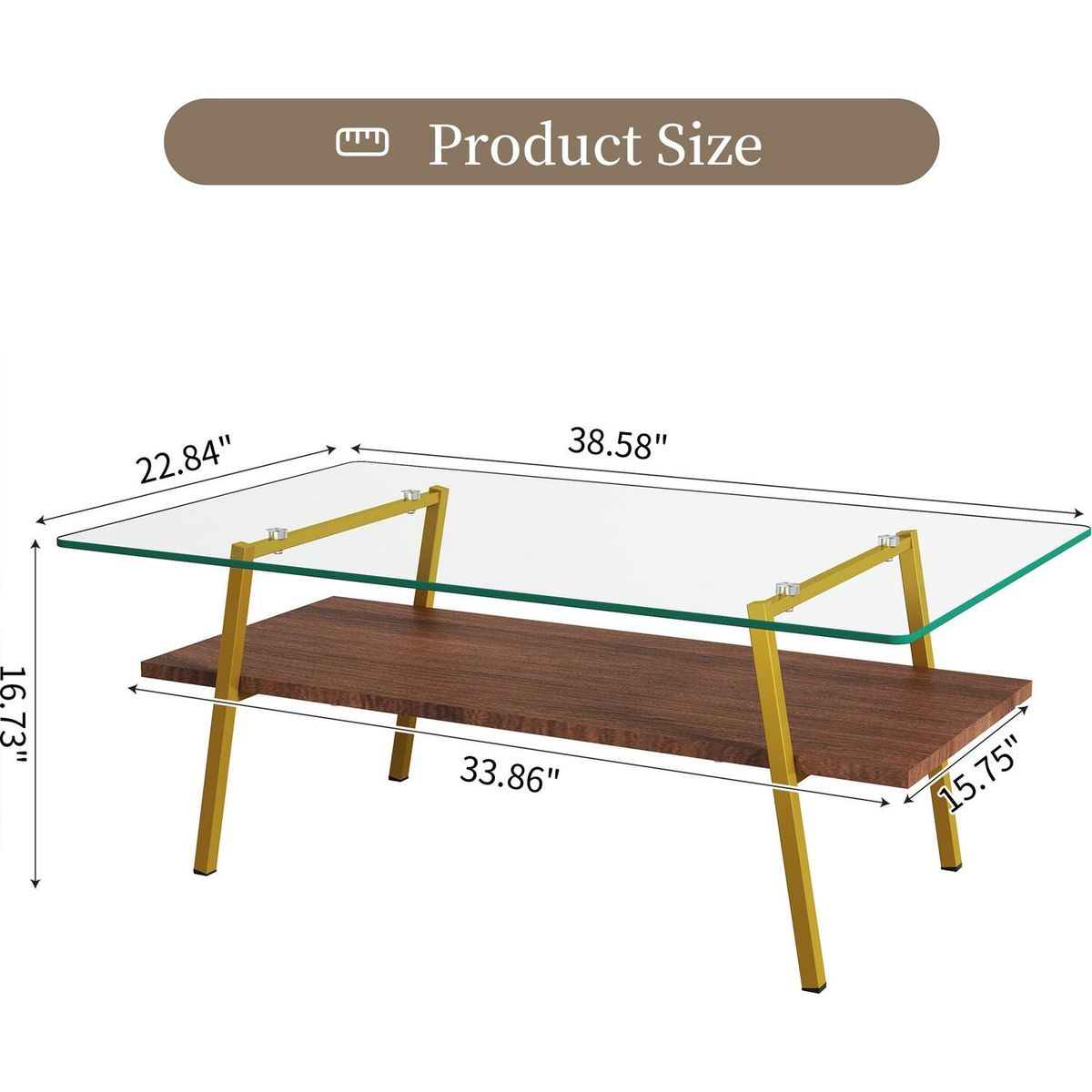 Rectangle Coffee Table, Tempered Glass Tabletop with Gold Metal Legs, Modern Table for Living Room, Transparent Glass