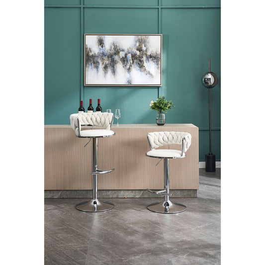 Set of 2 Bar Stools,with Chrome Footrest and Base Swivel Height Adjustable Mechanical Lifting Velvet + Chrome  Leg Simple Bar Stool-CREAM