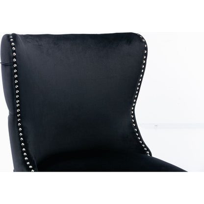 Set of 2 Black Velvet upholstered wing-back dining chair with backstitching nailhead trim and solid wood legs