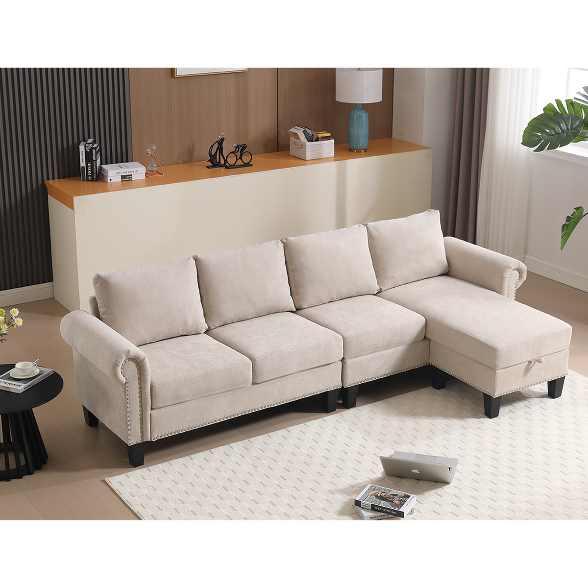 Convertible Sectional Sofa with Storage,L-shaped sofa,Four-seater sofa,Modern Linen Fabric Sectional Couches for Living Room, Beige