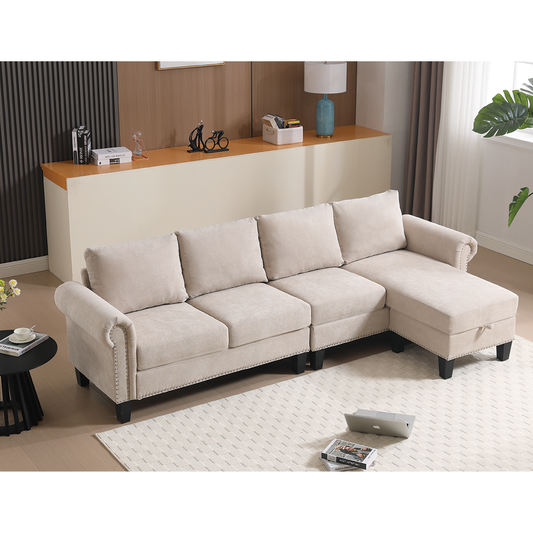 Convertible Sectional Sofa with Storage,L-shaped sofa,Four-seater sofa,Modern Linen Fabric Sectional Couches for Living Room, Beige