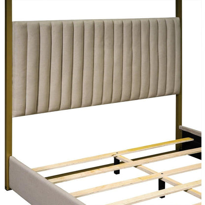 Queen Size Upholstery Canopy Platform Bed with Headboard and Metal Frame, Beige