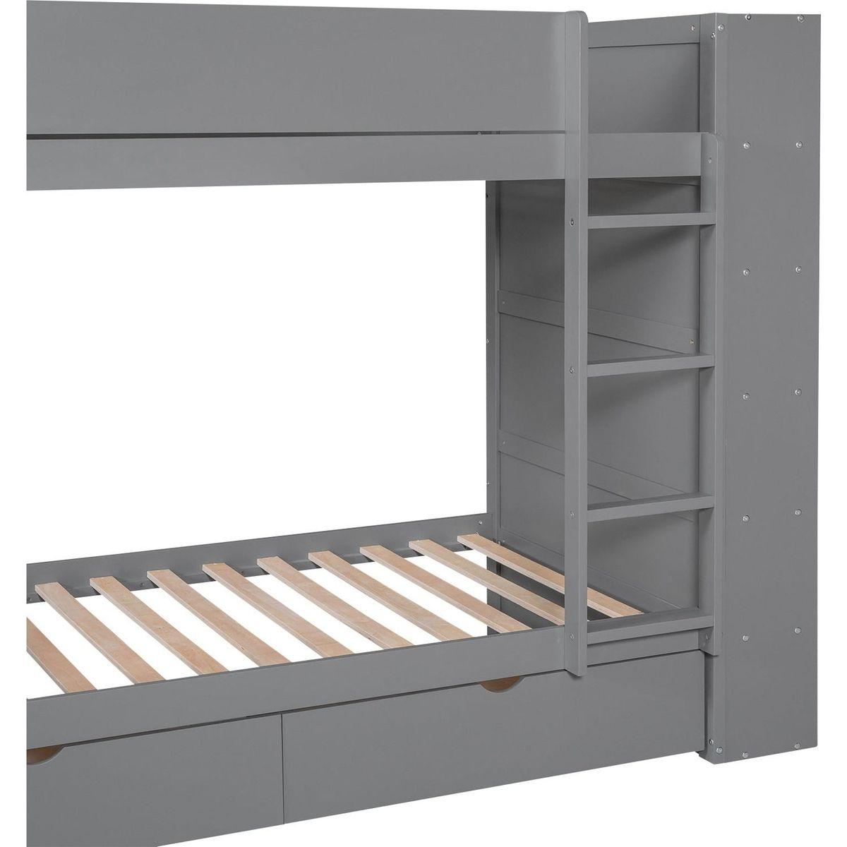 Twin over Twin Bunk Bed With 2 Drawers and Multi-layer Cabinet, Gray