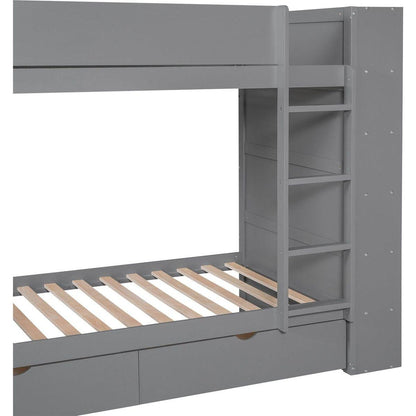 Twin over Twin Bunk Bed With 2 Drawers and Multi-layer Cabinet, Gray