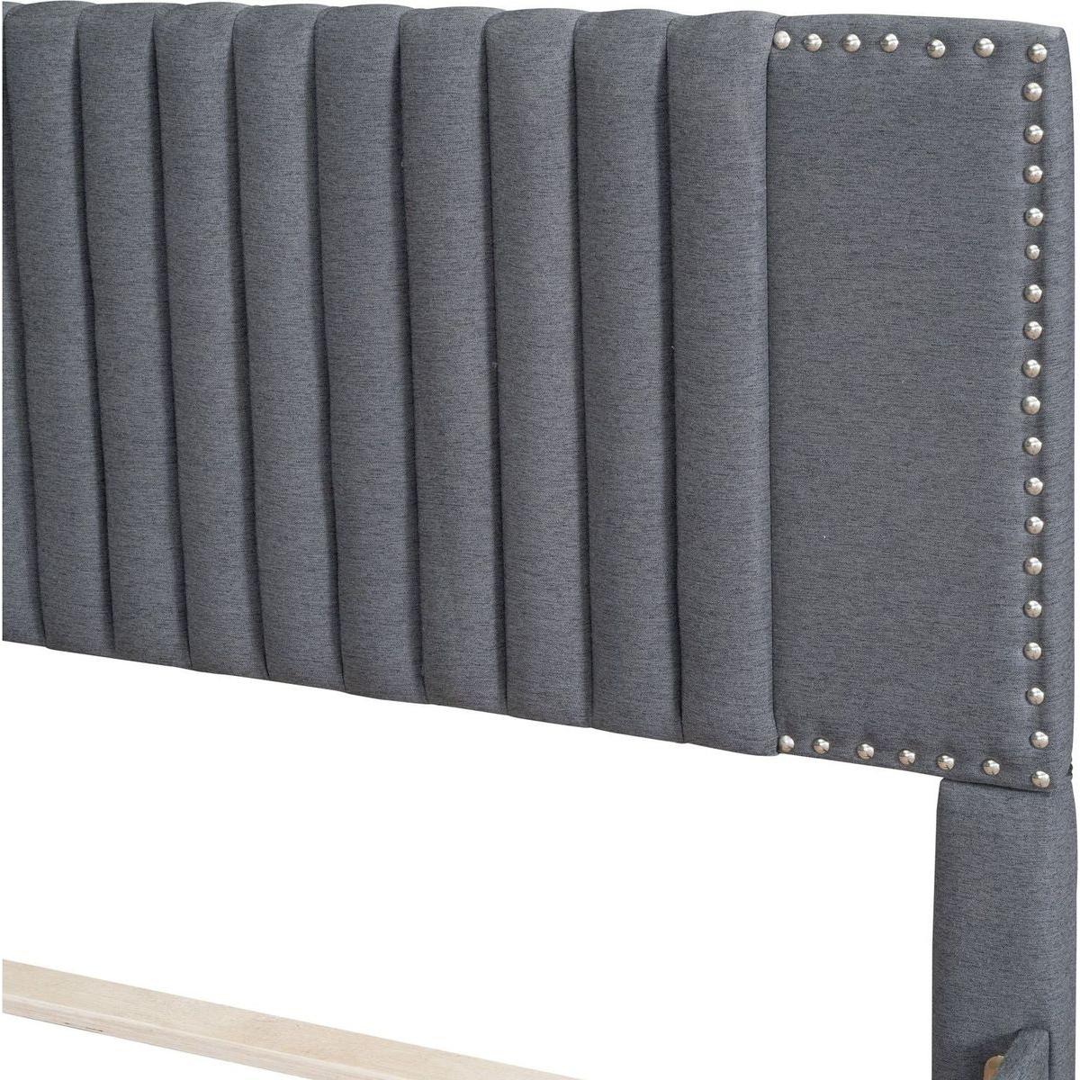 Queen Size Upholstered Platform Bed with 2 Drawers and 1 Twin XL Trundle, Classic Headboard Design, Gray