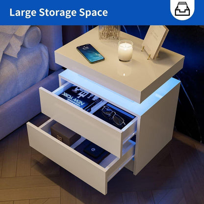 Nightstand LED Bedside Table Cabinet Lights Modern End Side with 2 Drawers for Bedroom (White)