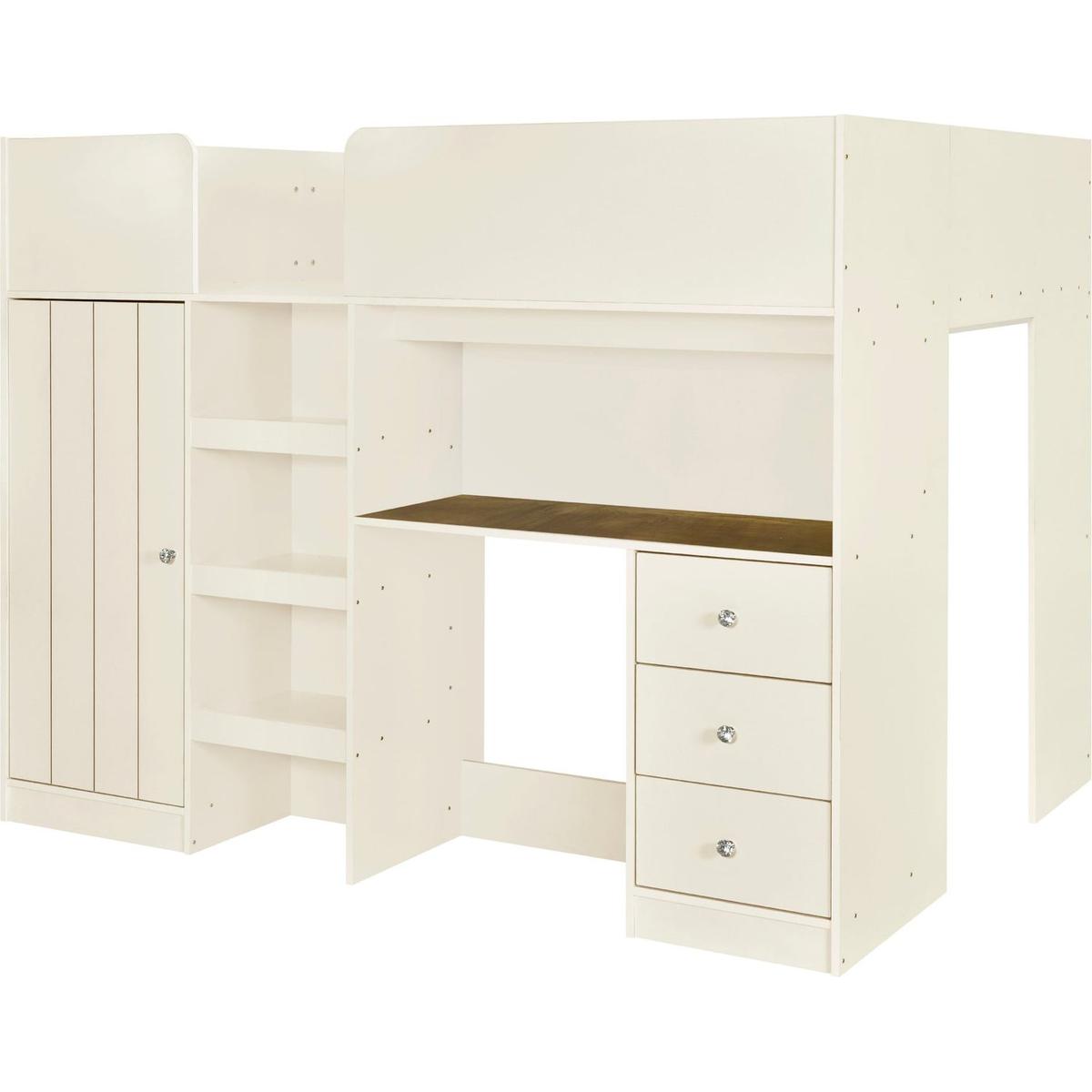 Wood Full Size Loft Bed with Built-in Wardrobe, Desk, Storage Shelves and Drawers, Beige