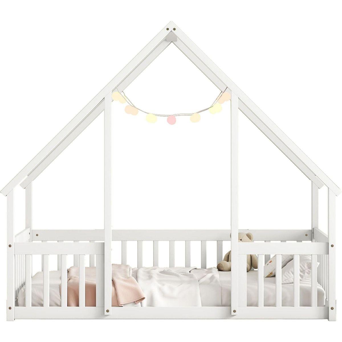 Twin Wood House-Shaped Floor Bed with Fence, Guardrails, White