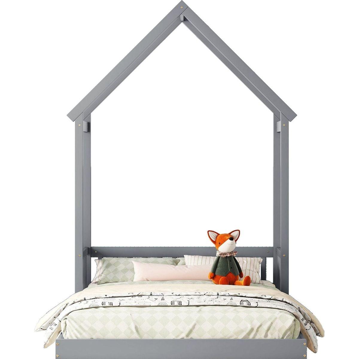 Full Roof-framed Headboard Floor Bed with Headboard Guardrails, without Slats, Grey