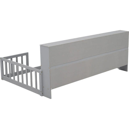 Twin Floor Bed with Bedside Bookcase,Shelves,Guardrails,Grey