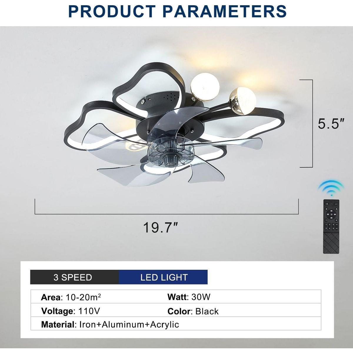 19.7 Inch Light Ceiling Fan with Lights Remote Control with Modern Butterfly Design Styling, Black, Fan for Bedroom, Living Room, Timing Function, Noiseless, Children's Favorite
