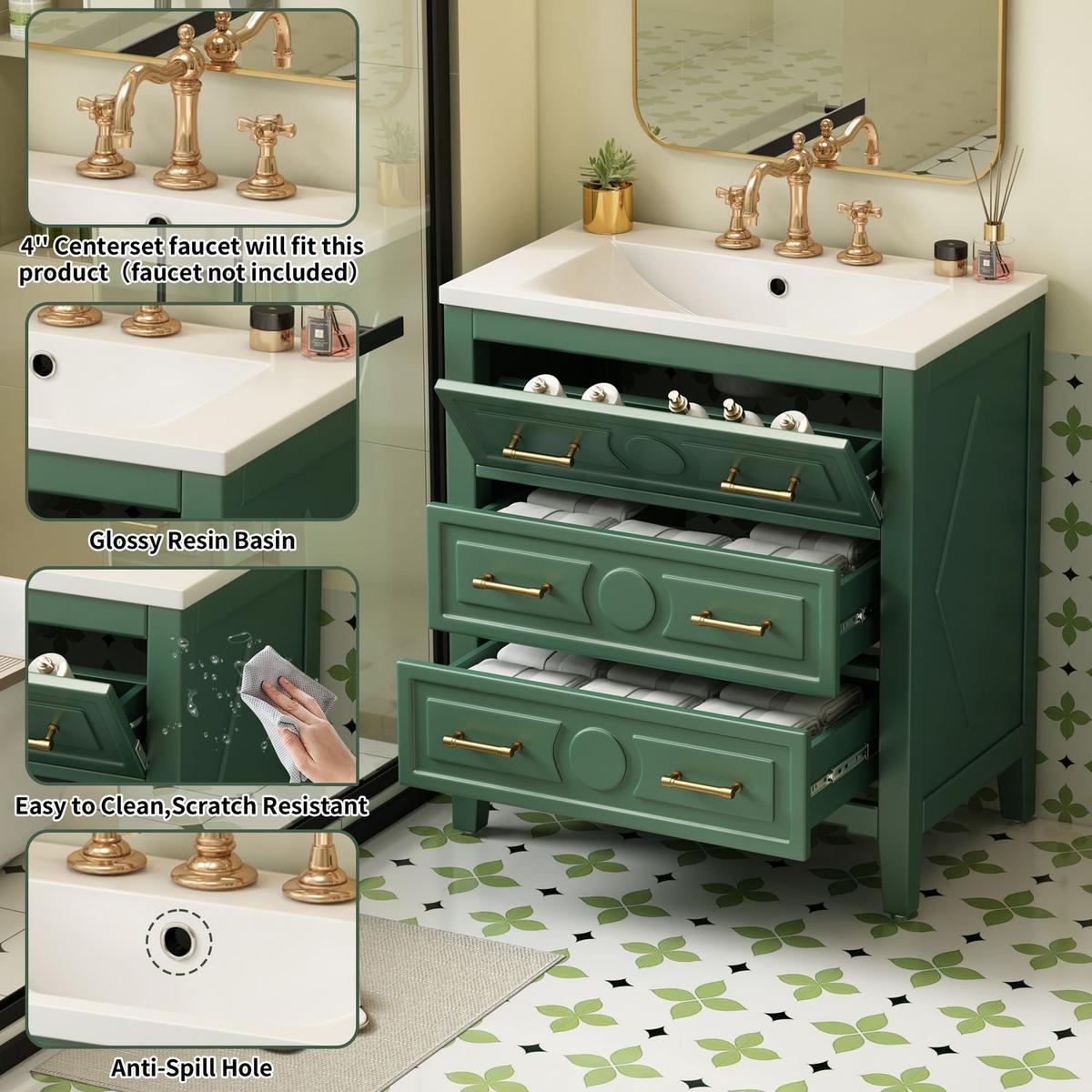 30" Bathroom Vanity with Resin Sink Combo, Free Standing Single Vanity Set with 3 Drawers, Solid Wood Frame Bathroom Storage Cabinet, Green