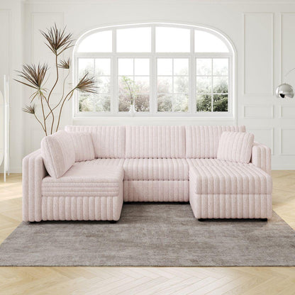 106.3' Soft  U-shaped 4-Person Sofa. Matches 30.7' Ottoman with Hydraulic Lift. Comfortable & Stylish. For Bedroom & Living Room. Light Pink.Modern Furniture. Modular Design.