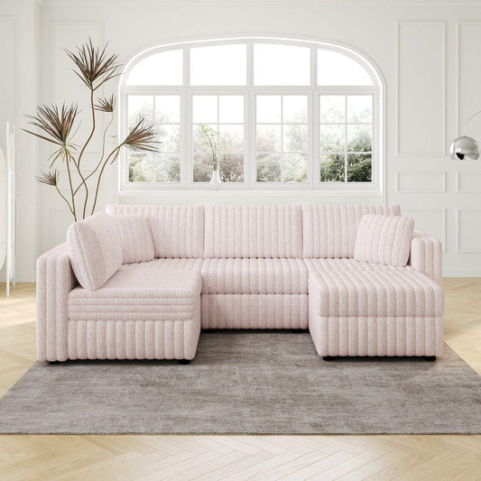 106.3' Soft  U-shaped 4-Person Sofa. Matches 30.7' Ottoman with Hydraulic Lift. Comfortable & Stylish. For Bedroom & Living Room. Light Pink.Modern Furniture. Modular Design.