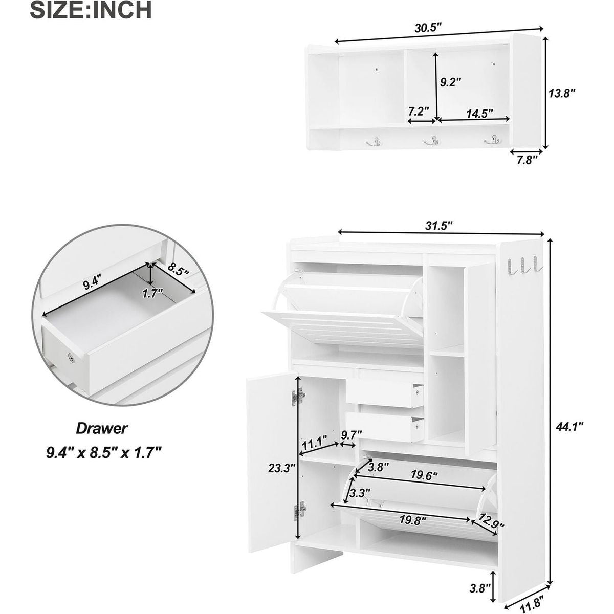 Multi-Functional Shoe Cabinet with Wall Cabinet, Space-saving Design Foyer Cabinet with 2 Flip Drawers, Versatile Side Cabinet for Hallway, White