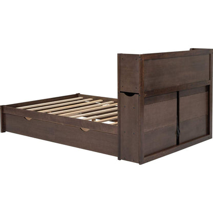 Full Size Storage Platform Bed with Pull Out Shelves, Twin Size Trundle and 2 Drawers, Espresso