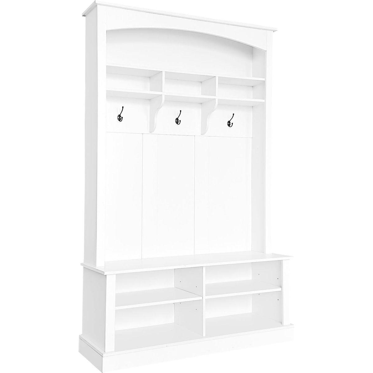 47.2" Wide Hall Tree with Bench and Shoe Storage, Multi-functional Storage Bench with 3 Hanging Hooks & Open Storage Space, Rectangle Storage & Shelves Coat Rack for Hallway, White