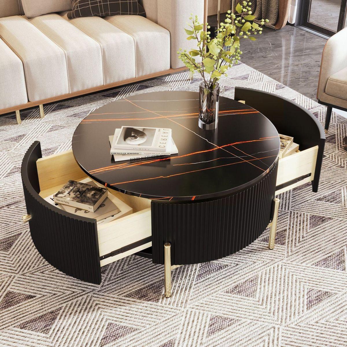 Modern Round Coffee Table with 2 large Drawers Storage Accent Table(31.5")