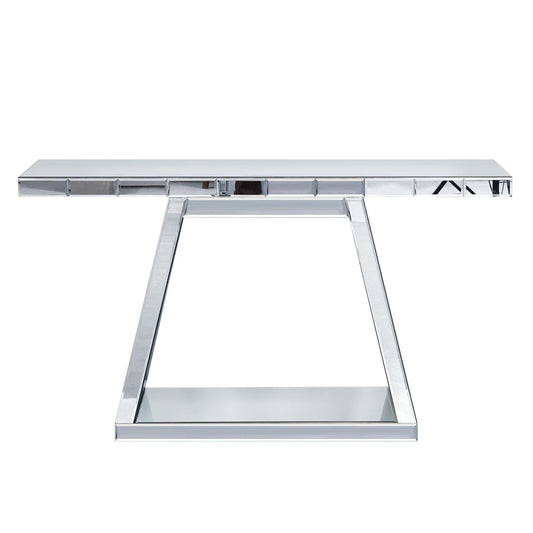 Modern Luxe Full-Body Mirror Entryway Table with Trapezoid Base, 360° Reflective Console, Scratch-Resistant, Open Storage, Silver, MDF & Glass, 55.9'