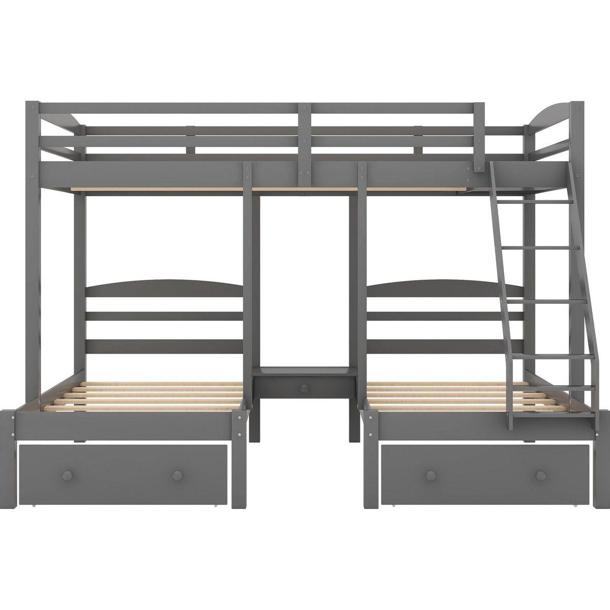 Full over Twin & Twin Bunk Bed,Triple Bunk Bed with Drawers, Gray