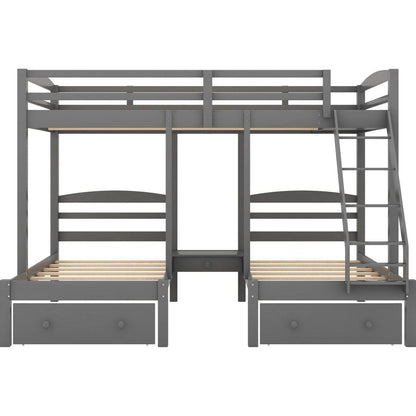 Full over Twin & Twin Bunk Bed,Triple Bunk Bed with Drawers, Gray