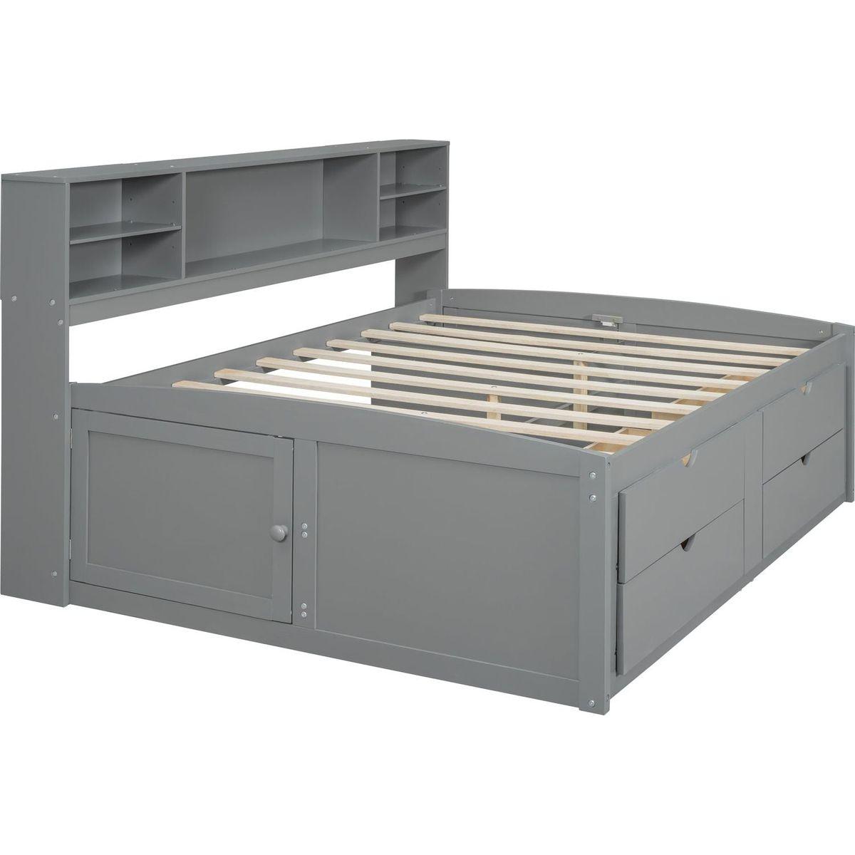 Full Size Wood Daybed with 2 Bedside Cabinets, Upper Shelves and 4 Drawers, Gray