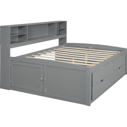 Full Size Wood Daybed with 2 Bedside Cabinets, Upper Shelves and 4 Drawers, Gray