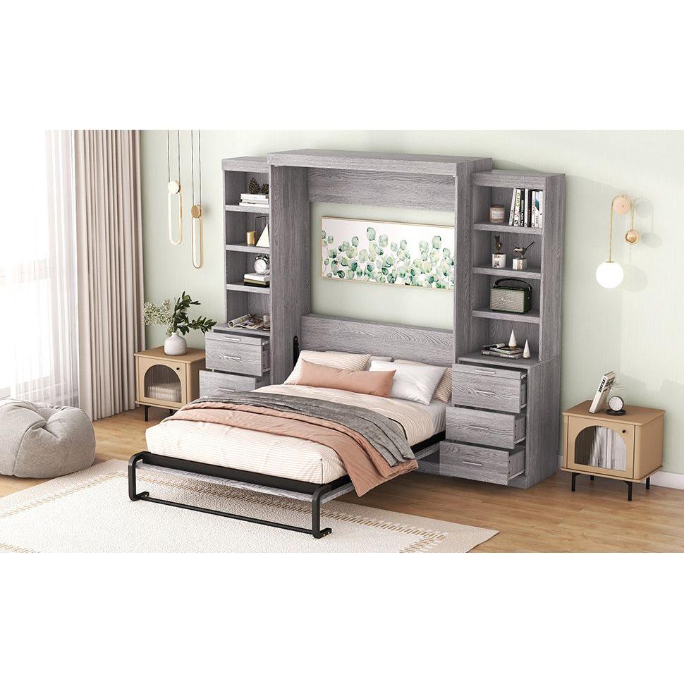 Full Size Murphy Bed with Storage Shelves and Drawers, Gray