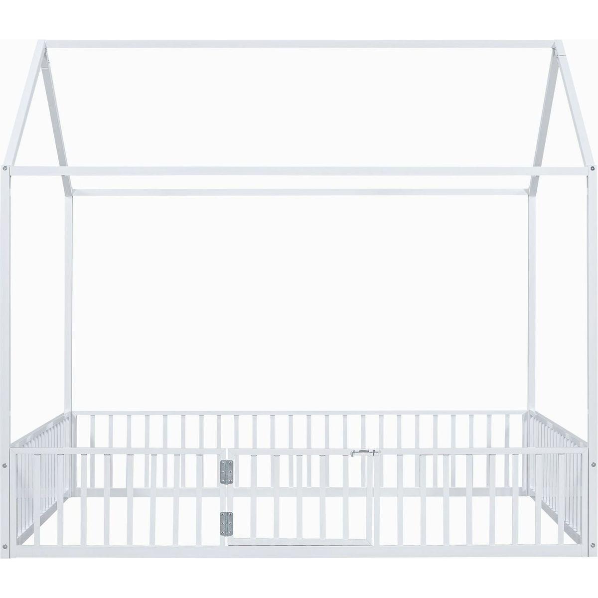 Full Size Metal House Bed with Fence and Door, White