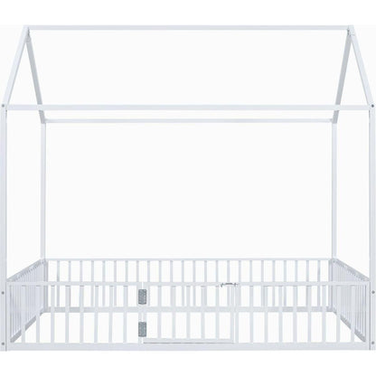 Full Size Metal House Bed with Fence and Door, White