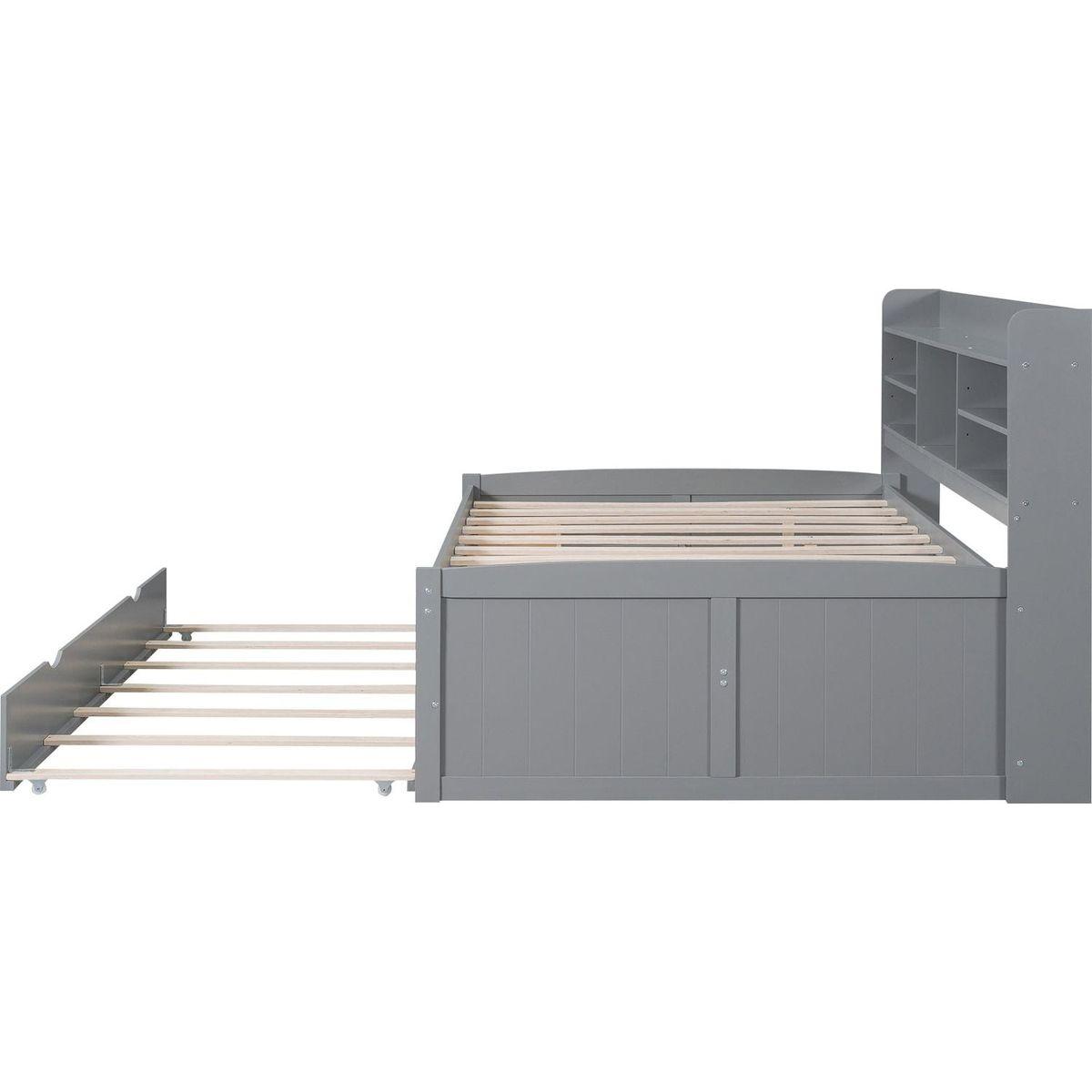 Full Size Wooden Captain Bed with Built-in Bookshelves,Three Storage Drawers and Trundle,Light Grey