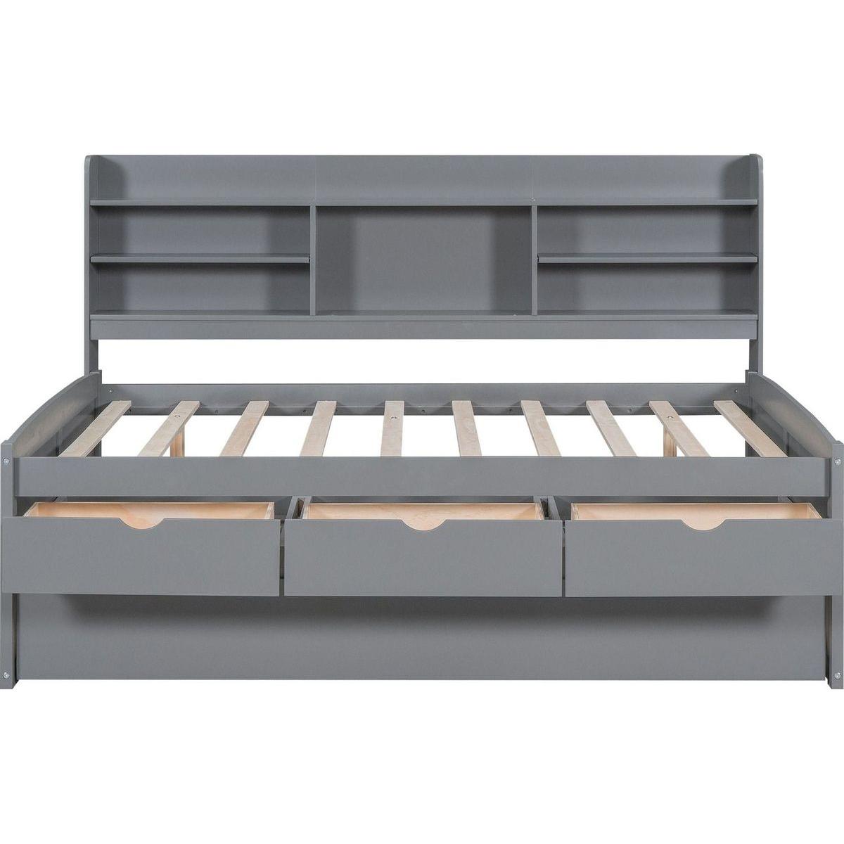 Full Size Wooden Captain Bed with Built-in Bookshelves,Three Storage Drawers and Trundle,Light Grey