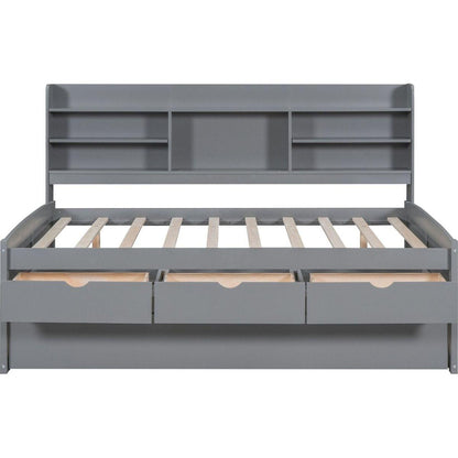 Full Size Wooden Captain Bed with Built-in Bookshelves,Three Storage Drawers and Trundle,Light Grey